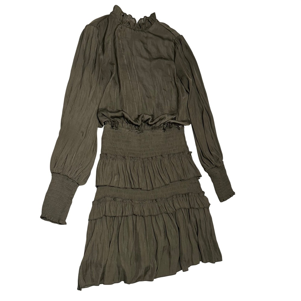 She + Sky Olive Green Smocked Tiered Ruffle Mini Dress Long Sleeve Satin Small